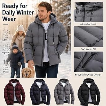 Winter Jacket for Men UK,Lightweight Puffer Jacket,Mens Warm Coat With Hood