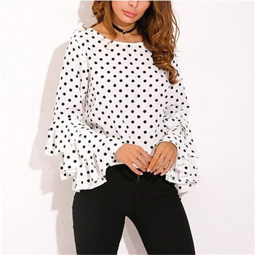 Camicia da Donna Elegante, Camicie alla Moda per Il Tempo Libero A Macchie Nere per Le Donne Tunica A Maniche Lunghe da Donna Camicia Vintage con Bottoni Bianchi con Scollo A V Camicia Sexy Top Luci