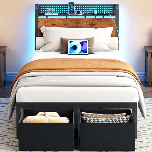 Image of Furnulem Twin Bed Frame with 2 Storage Drawers & Charging Station, Twin Platform Bed Frame with Headboard & LED Lights, No Box Spring Needed, All in One, Easy to Install, Noise Free (500 lbs Capacity)