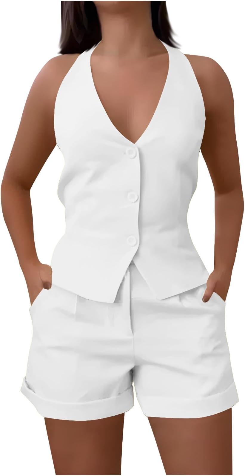 Shorts and Top Set Women UK, Two Piece Outfit Women Co Ord Set V Neck Button Down Tank Tops Waistcoat & Shorts with Pocksets Summer Clothes Sleeveless Airport Outfit Loungewear