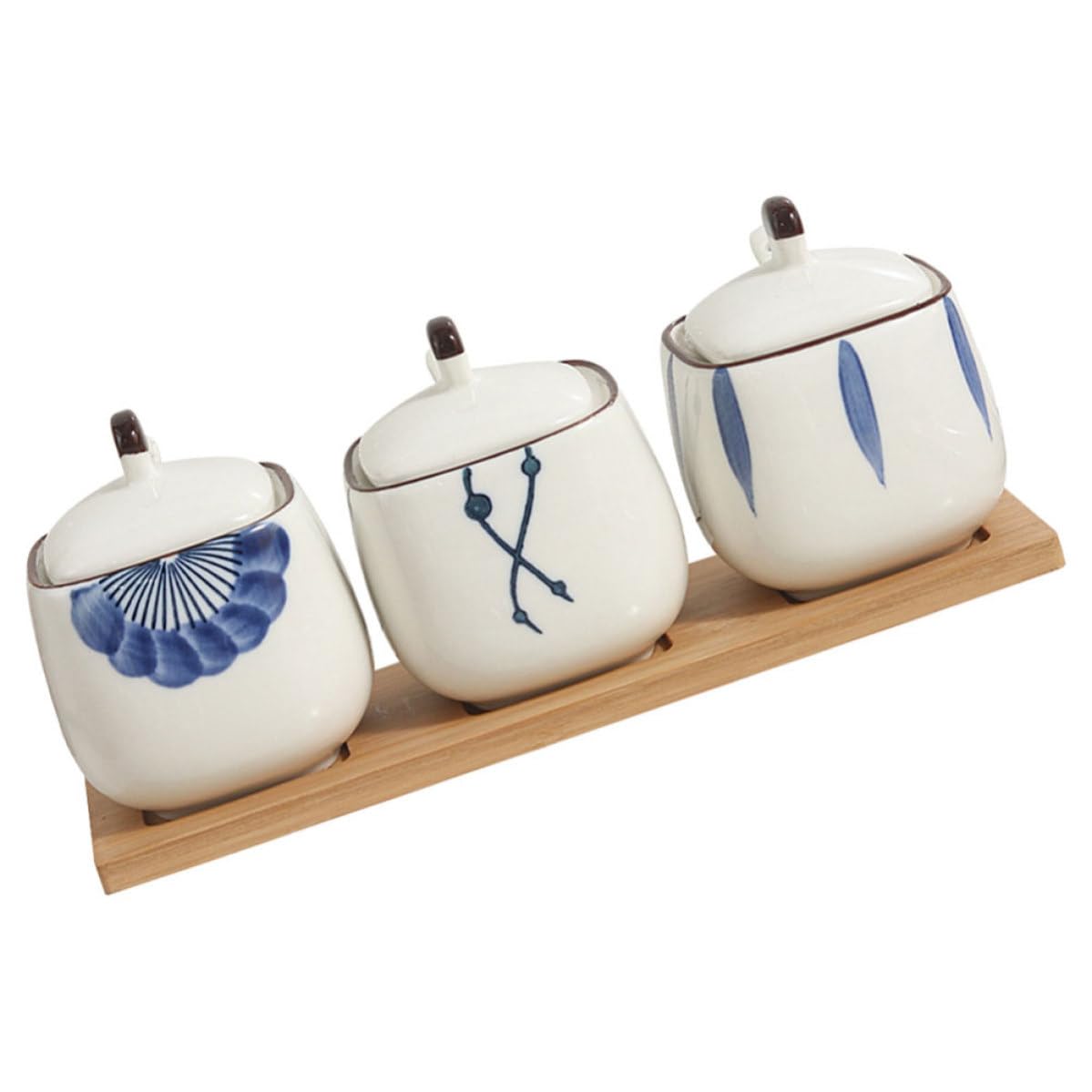 Set di Tre Barattoli di Ceramica per Spezie con Coperchio e Vassoio