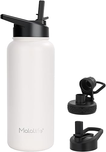 Botella de agua de acero inoxidable aislada de 32 onzas, tapas dobles, frasco grande, botella deportiva de boca ancha (mantiene el frío 24 horas