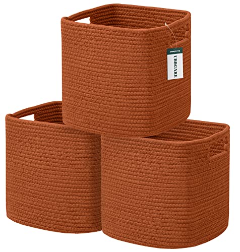Ubbcare Set Of 3 Cotton Rope Basket 11 X 10.5 X 10.5 Inches，Storage Baskets For Shelves, Woven Baskets For Organizing With Handles, Cube Storage Bins For Storage Books, Magazines, Toys,Brick Red #TOP27
