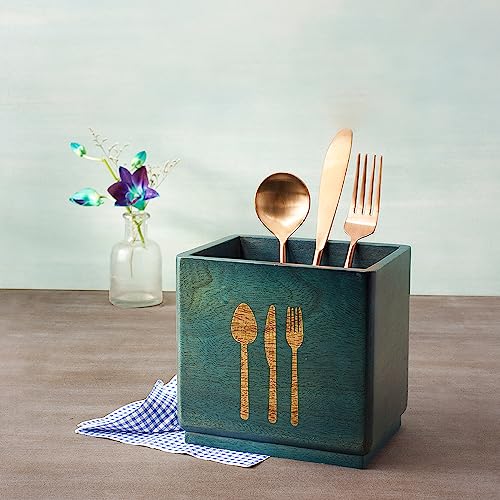 Image of Ellementry Blue Wood Utensil Holder| Spoon, Knife, Fork, Chopstick, Cutlery Holder /Organizer Stand for Kitchen & Dining Table| Multifunctional Spoon Stand | Handcrafted Table Organizer