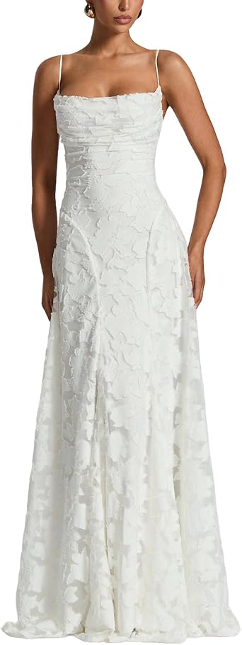 Womens Floral Bridesmaid Maxi Dresses Lace Spaghetti Strap Cowl Neck Backless Prom A Line Fomal Dress