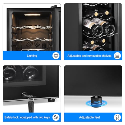 Wine Cooler Refrigerator 12 Bottles, Small Wine Fridge Mini Wine Fridge Countertop with Glass Door Wine Cellars for Red Wine, Champagne, Dry White Wine, Sparkling Wines