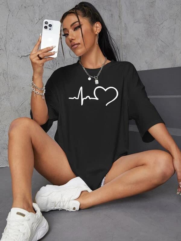 Image of MyTees Pure Cotton Oversized T Shirts for Women Casual Printed Baggy Oversized Round Neck Drop Shoulder Tshirt Black T-Shirt Size S to XL