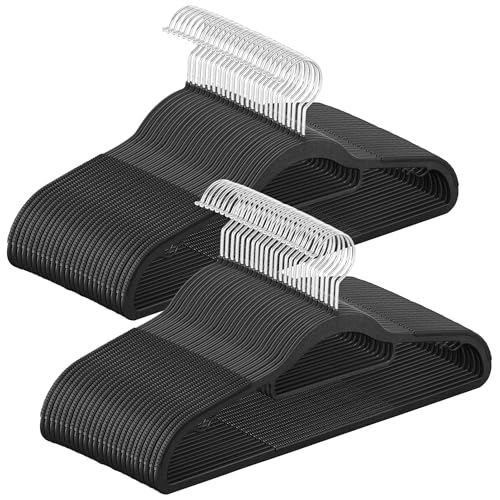 SONGMICS Pack of 50 Coat Hangers, Heavy-Duty Plastic Hangers, Non-Slip, Space-Saving Clothes Hangers, 0.2 Inches Slim, 16.5 Inches Wide, 360° Swivel Silver Hook, Black UCRP20BK50