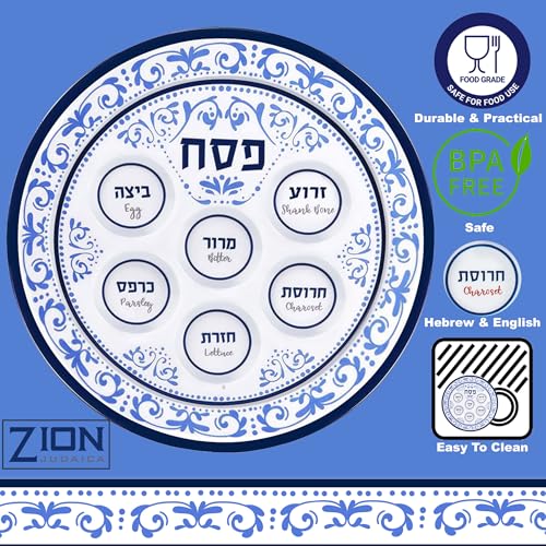 Passover Seder Plates 12" Melamine - 6 Section Plate Marked with Symbolic Pesach Seder Foods - Round Seder Tray for Adults, Children by Zion Judaica - Blue Floral Renaissance Single Passover Plate - Thumbnail 4
