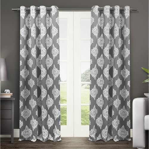 EXCLUSIVE HOME Medallion Room Darkening Blackout Grommet Top Curtain Panel Pair, 52'x84', Silver