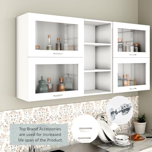 Image of VIKI Furniture Modular Kitchen Wall Cabinet with Acrylic Glass Flip-Up Gas Spring Door & Open Shelf, Space Saving Spice Rack, 30 x 200 x 80 cm, Frosty White, 1 Year Warranty