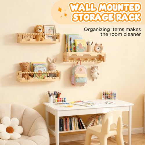Wandregal Kinderzimmer 3er Set, Bücherregal Kinder Wand für Spielzeug Bilder und Bücher, 40cm Regal Schweberegal Holz Montessori Wandregale für Kinderzimmer Küche Spielzimmer Schlafzimmer Wohnzimmer