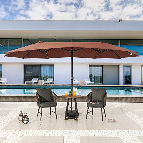 Lokatse Home 15 Ft Double Sided Patio Umbrella With Crank Handle And Water Fillable Base Stand Twin Head Sun Shade For Outdoor Garden Balcony Market Poolside, Brown #TOP5