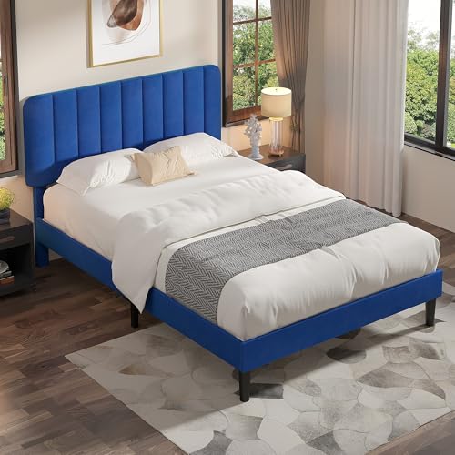 Image of VECELO Queen Size Bed Frame with Upholstered Headboard, Velvet Platform Bedframe Mattress Foundation, Strong Wood Slat Support, No Box Spring Needed,Blue