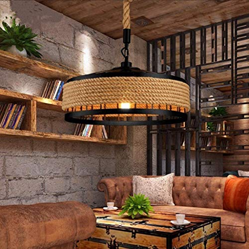 Vintage Fer Art Suspendue Lampe Pendentif Creative Restaurant Lustre Rétro Style Industriel Corde De Chanvre Bar Plafond Luminaire Café Suspension Lumière E27 Réglable Hauteur Métal Noir Salon Chambre Cover