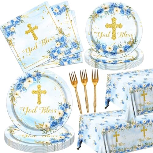 Amazon.com: Baptism Plates and Napkins Party Supplies - 96Pcs Boys God ...