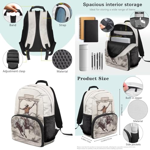 3Pcs Backpack Set for Kids, Cowboy Horse Print Backpack Lunch Box and Pencil Case Set for Girls, 17 Inch Kids School Bags for Elementary Middle School3