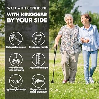 KINGGEAR F1 Walking Stick, Walking Cane for Women & Men, Self Standing Walkers for Seniors with Wrist Strap, Lightweight & Sturdy Offset EVA Handle and Large Quad Base