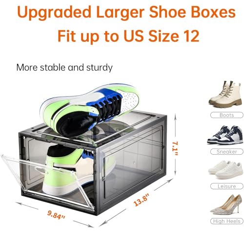 Image of Amllas 12 Pack Shoe Boxes Stackable,Upgraded Sturdy Shoe Storage Boxes with Clear Magnetic Door,Multifunctional Sneaker Storage, Shoe Box Organizer Fit up to US Size 12 Gray(13.8 inchx 9.84 inchx 7.1 inch)