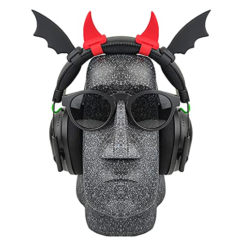 RUKUHOT Halloween Black Bat Wings + Red Devil Horns Headphone Attachment, Bat Devil Horns Headband Headset Decor, Cosplay Props Bat Wing for Halloween Christmas Party Dress Up Accessories