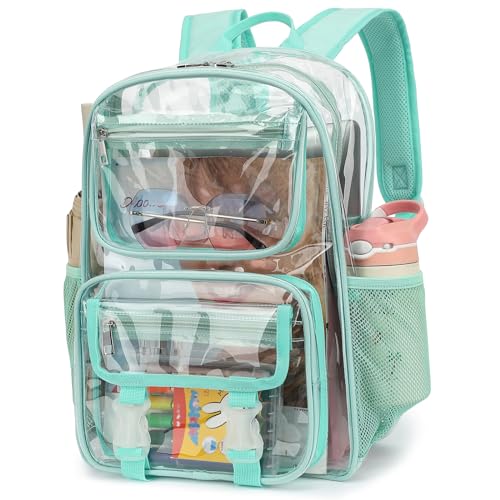 Clear School Backpack for Girls Boys, Heavy Duty PVC See Through Transparent Bookbag for Kids Women Men (Green)