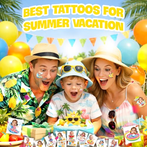 Image of Custom Summer Temporary Tattoos for Kids, Set of 20 | Personalized Pre-Cut Face Photo, Birthday Party Favors, Boys Girls, Summer Vacation