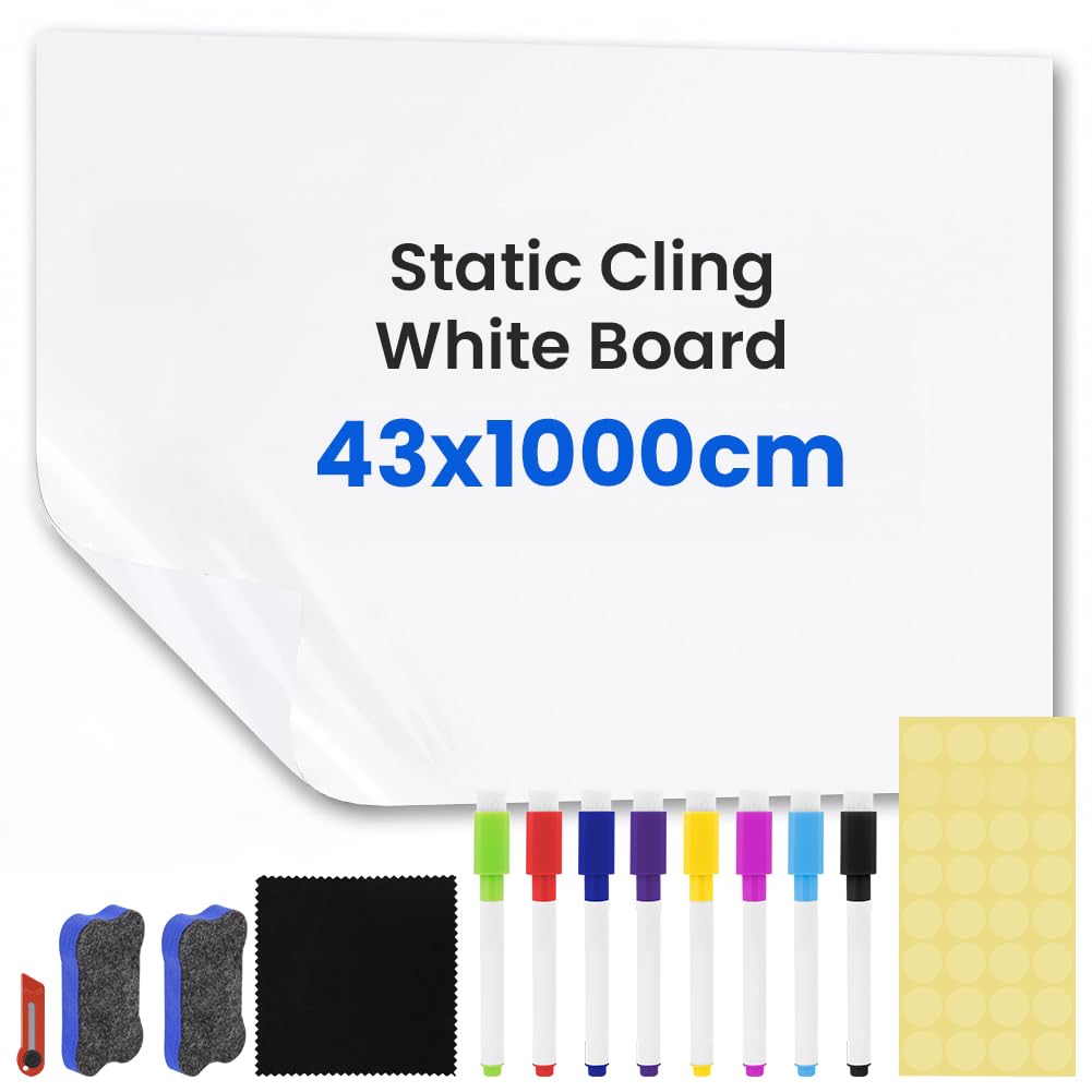 Vicloon Self-Adhesive Whiteboard Sticker Roll 43 cm x 10 m, Dry Erase Wallpaper Kit, No Glue Static Cling White Board Sticker for Home, Office, School, Classroom