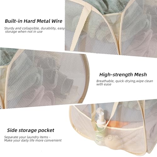 Image of Collapsible Laundry Basket 90L, Foldable Mesh Pop-up Laundry Hamper with Handles, Dirty Clothes Hamper for Laundry with Side Storage Pocket(Beige, 2PCS)