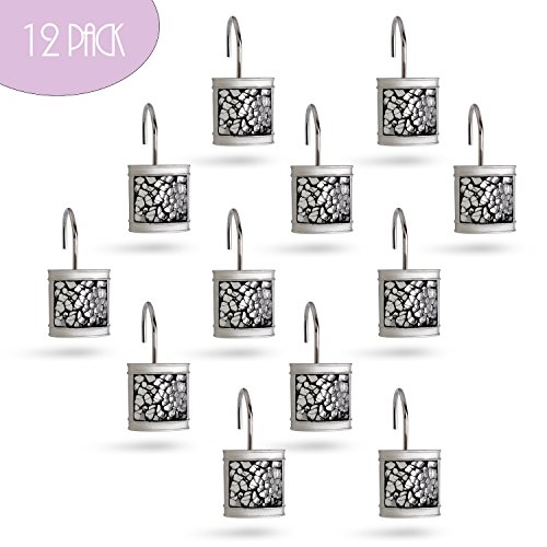 Image of Creative Scents Silver Shower Curtain Hooks Decorative | Set of 12 | Crackled Glass Shower Curtain Rings