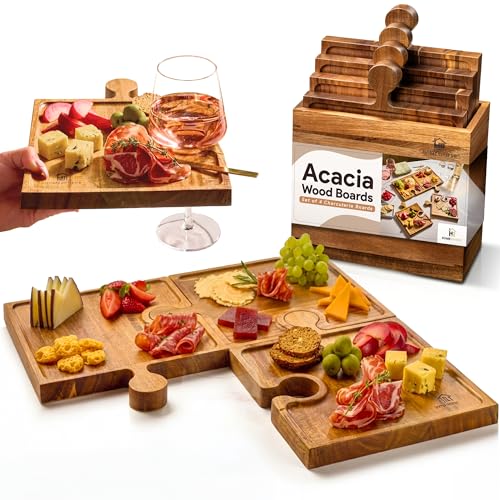 Homesphere Wooden Charcuterie Boards, Appetizer Tray for Parties & Cutting Board with Handle, Set of 4, Acacia Wood Board, Wine Gifts, Wine Accessories, Interlocking Puzzle Serving Tray w/Storage Box