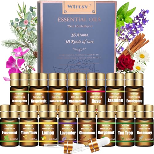 Wtrcsv Essential Oils Set - Top 15 Scents for Diffuser,