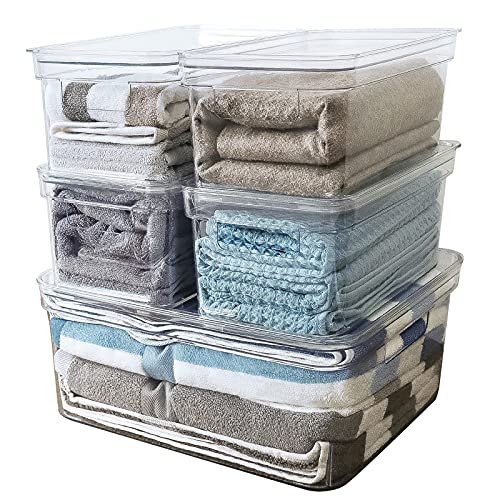Image of ANMINY 5PCS Lidded Clear Plastic Storage Bins Stackable Baskets Boxes Set with Handles Removable Lids Home Kitchen Closet Shelf Cubes Decorative Kid Pet Toy Clothes Towel Laundry Organizer Containers