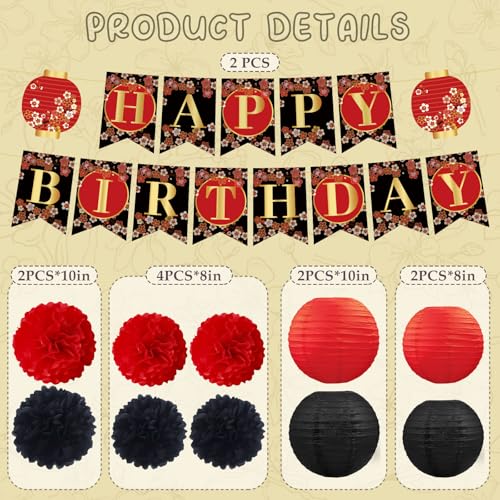 Image of Hibachi Birthday Party Decorations - 12 Pcs Pre-Strung Red Black Gold Cherries Flower Banner, Japanese Style Chinese Lanterns Decor Paper Flowers, Happy Birthday Party Supplies for Men Women