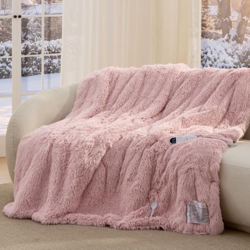 Image of Bedsure Faux Fur Heated Blanket Full, Long-Pile Electric Blanket, Pink