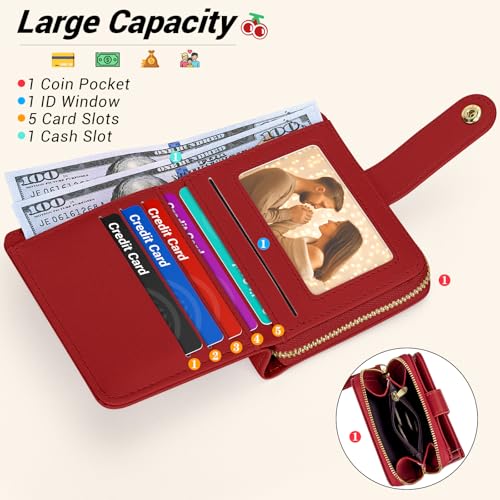 BIAOTIE Cute Wallet Women, Small Leather Bifold Cute Wallet with Zipper Coin Pocket Wallets for Women, Ladies, Female (Cherry Red)2