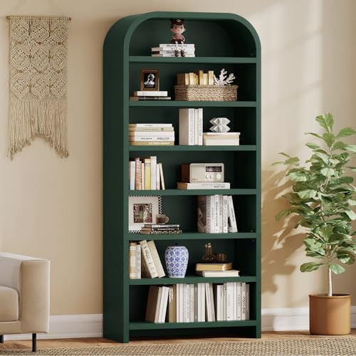 LEVNARY 70 Tall Arched Bookcase 7-Tier Freestanding Storage Cabinet with Adjustable Shelves Thick MDF Bookshelf for Bathroom Living Room Bedroom (Green)