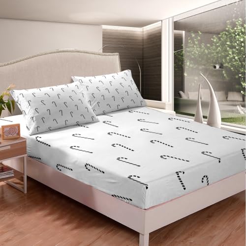 Christmas Candy Kids Fitted Sheet Double Size,Merry Christmas Cartoon Candy Bedding Set,Girls Women Room Decor,Sweet Candy Happy New Year Xmas Bed Cover,Black White Bed Sheet,2 Pillowcases - Image 3