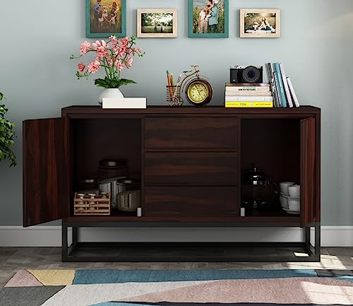 Image of Solid Sheesham Wood Wooden Sideboard Storage Cabinet : Ideal for Living Room and Bedroom with 3 Drawers and 2-Shelf Storage (Ray, Walnut Finish)
