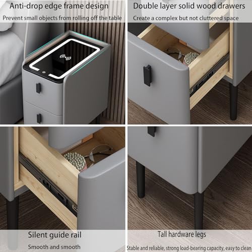 Holzbett Tisch mit Bluetooth Audio und Ladestation Smart Design mit zwei Schubladen Dunkel Grau Finish Multifunktional und stilvoll 25cm breit