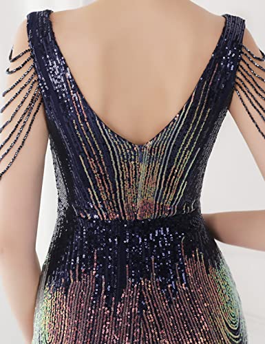 Image of Women 1920s Plus Size Formal Dress Tassels Sleeve Sequins Gatsby Maxi Evening Gown