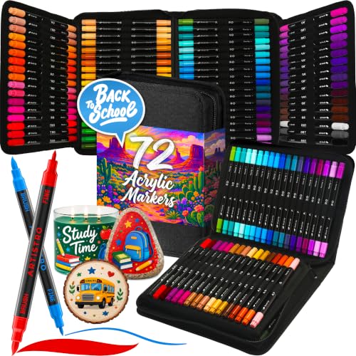 Image of ARTISTRO Acrylic Paint Pens With Storage Bag for Calligraphy - Markers With Brush and Fine Precision Tips - Multisurface Painting for Fabric, Rock, Glass, and More (72 Markers, Dual Tip Brush + Fine)