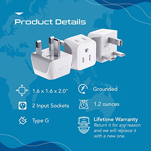 Ceptics Uk Travel Plug Adapter, 2 In 1 Type G Adapter, Us To Uk Adapter, Ireland, Dubai Travel Adapter With Dual Usa Inputs, Ce, Rohs - Hk Outlet Adapter, 3 Pack #TOP7