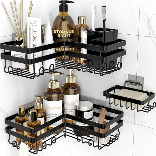 StorageRight Corner Shower Caddy, Adhesive Shower Organizer with Hooks
