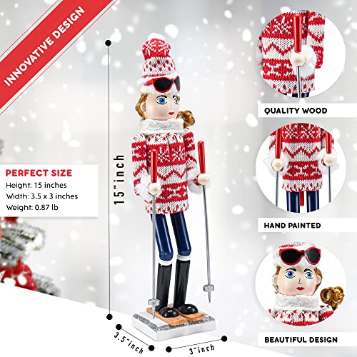 Ornativity Christmas Woman Skier Nutcracker – Red and White Wooden Nutcracker Woman with Ugly Sweater and Ski Sticks in Skiing Pose Xmas Themed Holiday Nut Cracker Doll Figure Decorations