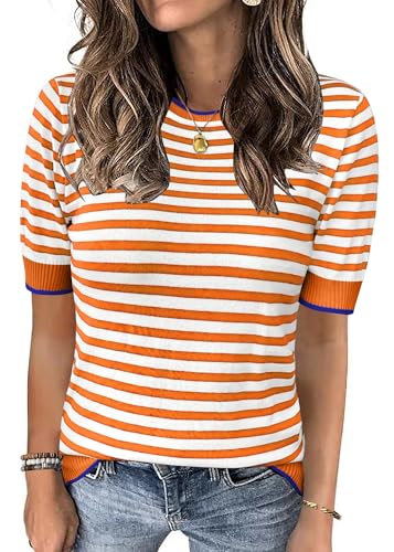 Image of Womens Tops Summer Short Sleeve Shirts Striped Sweater Cute Casual Top Trendy Women Clothing Crewneck Knit Blouses