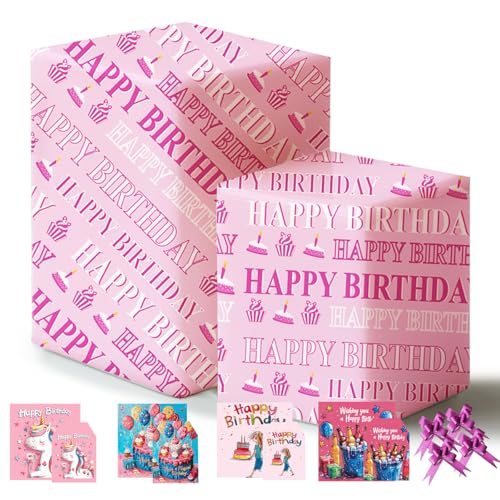 Pink Happy Birthday Wrapping Paper 43% Bigger 85 * 60cm 4 Sheets 4 Bows 4 Cards 4 Envelopes 4 Tags Gift Wrap Pack for Her Girls Mum Wife Sister Daughter Kid