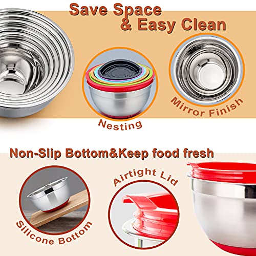 Mixing Bowls With Lids Set, E-Far 23-Piece Stainless Steel Nesting Mixing Bowls With Colorful Airtight Lid And Non-Slip Bottoms, Size 5, 3, 2.5, 1.5, 1, 0.5Qt, Great For Baking/Mixing/Prepping/Serving #TOP2