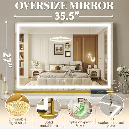 Image of FENNIO Large Vanity Mirror with Lights,35.5 inch x 27 inch LED Makeup Mirror,Hollywood Mirror with 3 Color Modes & Adjustable Brightness,Vanity Mirror Square Gold