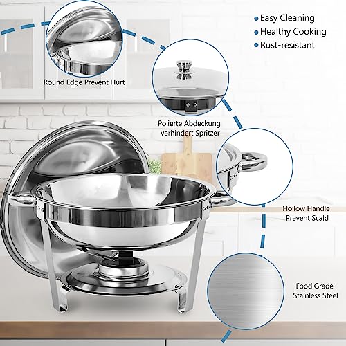 JSTUOKE 5 Qt 4 Packed Full Size Stainless Steel Chafing Dish Buffet Set, Silver Round Catering Warmer Set with Food and Water Trays, Mirror Cover, Thick Stand Frame for Kitchen Party Banquet