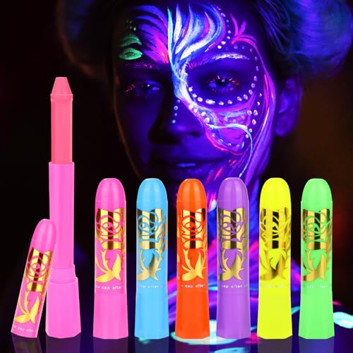 6PCS Glow in the Dark Body & Face Paint Sticks, Makeup Face Paint Kit for Kids and Adults Halloween Club, UV Black Light Birthday Party Masquerade Neon Glow Party Supplies